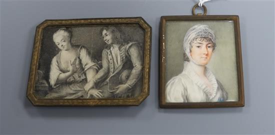 Attributed to Carl Gustav Klingstedt (Swedish, 1657-1734), grisaille miniature on ivory and a 19th century German portrait miniature on